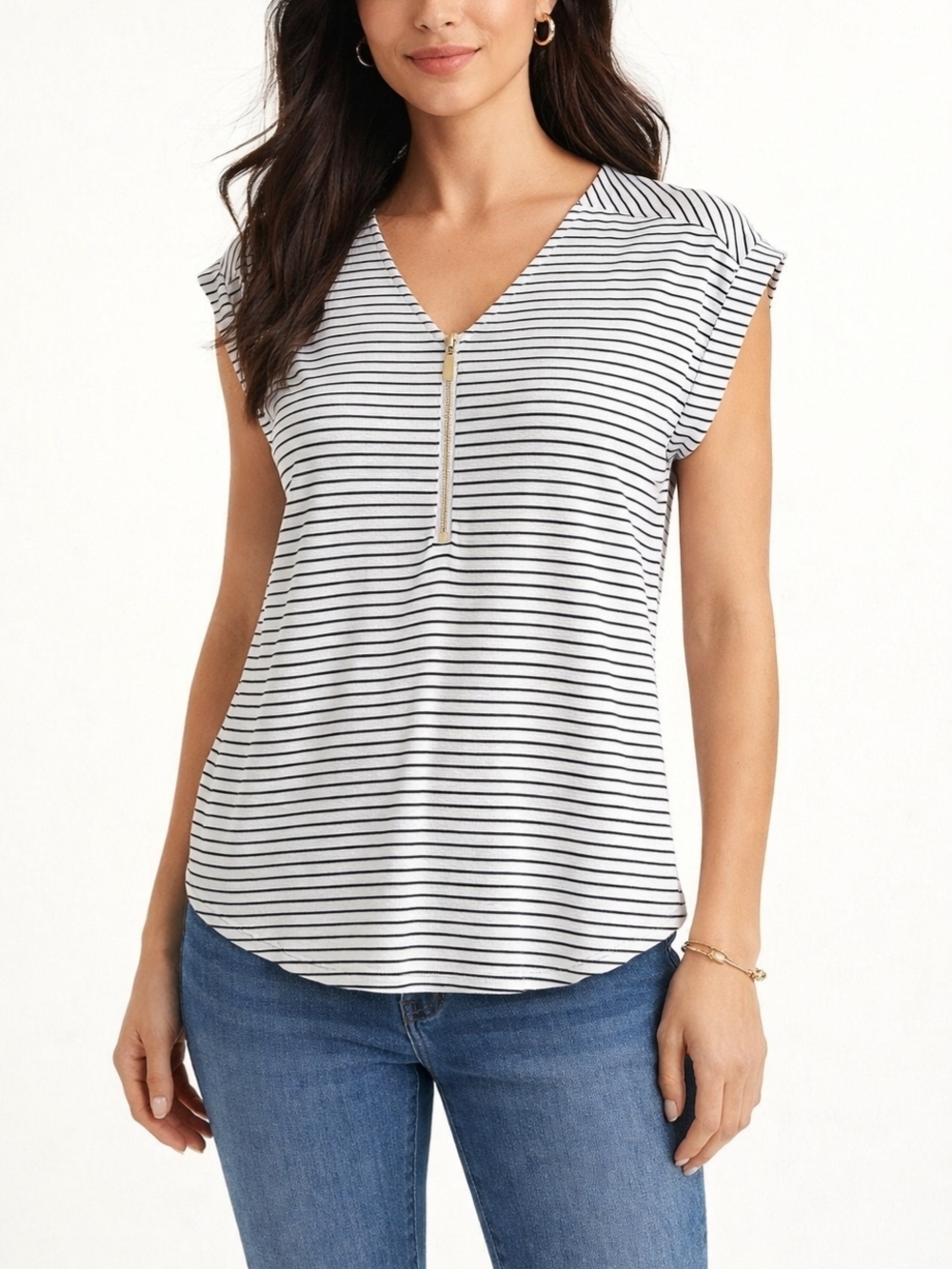 Express Striped Zip Front Blouse Top White Black Cap Sleeve Size S Preppy Casual